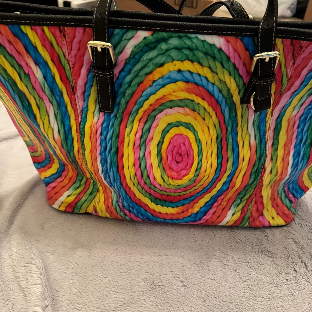 Colorful‎ Rainbow Swirl Tote Bag Large Faux Leather Trim Zip Top Festival Purse